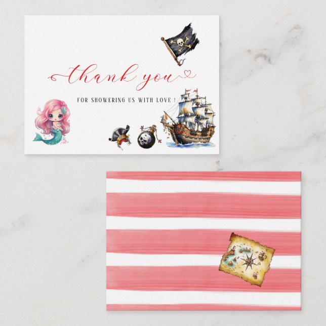 Tarjeta Pequeña cumpleaños acuarela de sirena y pirata agradecimie (Anverso / Reverso)