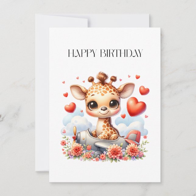 Tarjeta Pequeña Cumpleaños Avión Jirafa (Anverso)