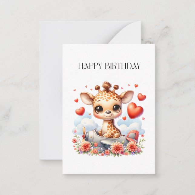 Tarjeta Pequeña Cumpleaños de Avión de Jirafa (Anverso)