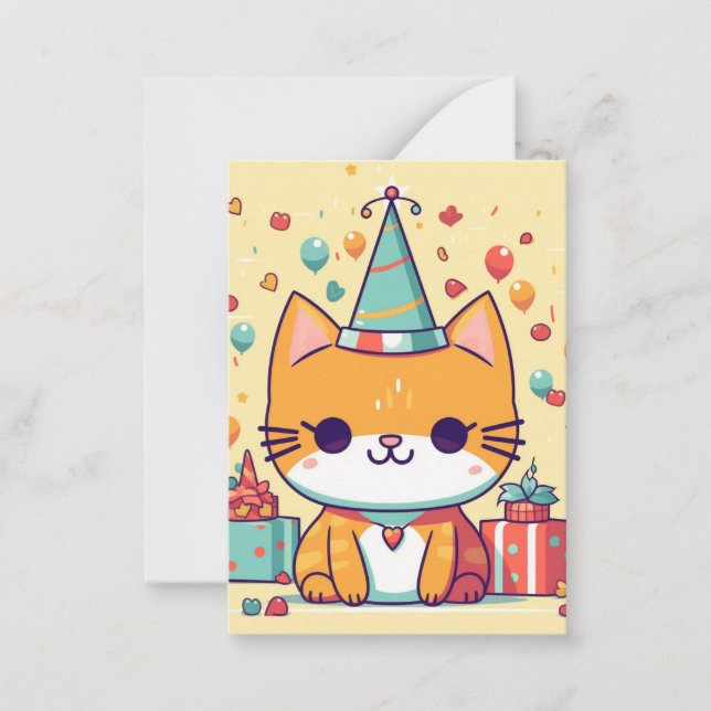 Tarjeta Pequeña Cumpleaños de gato de fiesta lindo,  (Anverso)