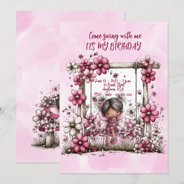 Tarjeta Pequeña Cumpleaños de niñas con flores rosadas Ven a colum (Anverso / Reverso)
