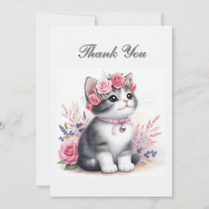 Tarjeta Pequeña Cumpleaños de niñas gatito gris lindo agradecimien