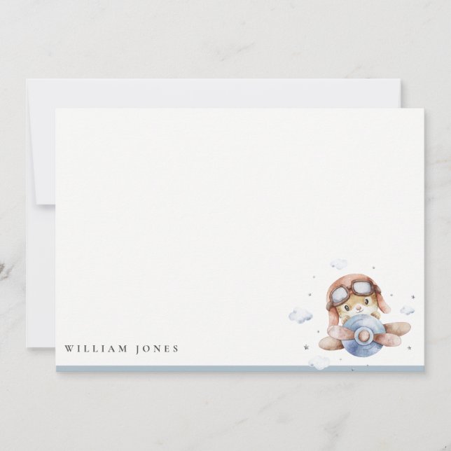 Tarjeta Pequeña Cumpleaños de niños Cute Navy Rust Plane Teddy Sky (Anverso)