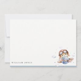 Tarjeta Pequeña Cumpleaños de niños Cute Navy Rust Plane Teddy Sky