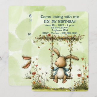 Tarjeta Pequeña Cumpleaños del niño Conejo Verde Ven a Columpiarte