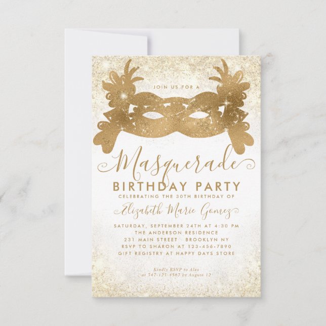 Tarjeta Pequeña Cumpleaños del Purpurina de Oro Blanco de Mascarad (Anverso)