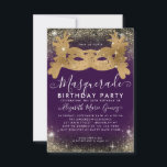 Tarjeta Pequeña Cumpleaños del Purpurina Purple Gold de Masquerade<br><div class="desc">Moderna Mascarada de Glam Lavanda Violeta Morada Plum Purpurina de oro Esparkle Polvo Invitación a fiesta de cumpleaños</div>