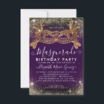 Tarjeta Pequeña Cumpleaños del Purpurina Purple Gold de Masquerade<br><div class="desc">Moderna Mascarada de Glam Lavanda Violeta Morada Plum Purpurina de oro Esparkle Polvo Invitación a fiesta de cumpleaños</div>