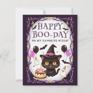 Tarjeta Pequeña Cumpleaños Feliz Bruja Monada Gato Negro Mago