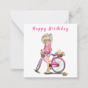 Tarjeta Pequeña Cumpleaños feliz - Chica rubio con bicicleta rosa