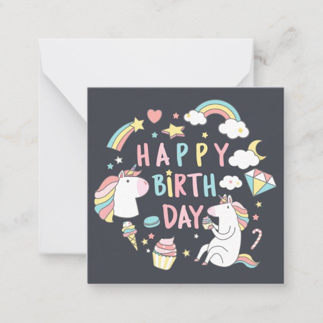 Tarjeta Pequeña Cumpleaños Feliz de Unicornio (Anverso)