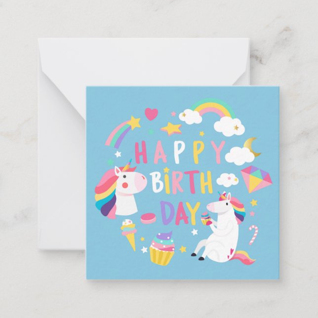 Tarjeta Pequeña Cumpleaños Feliz de Unicornio (Anverso)