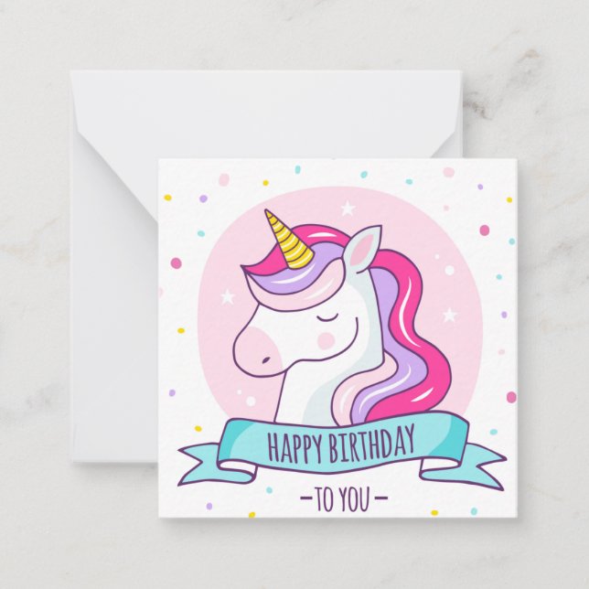 Tarjeta Pequeña Cumpleaños Feliz de Unicornio (Anverso)