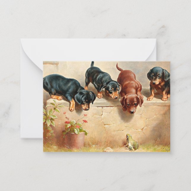 Tarjeta Pequeña Curiosos cachorros de Dachshund y una rana (Anverso)