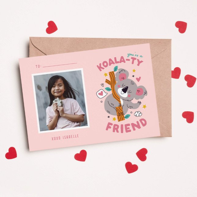 Tarjeta Pequeña Curte Koala niños de aula de San Valentín (cute koala bear kids classroom photo card for Valentine's Day )