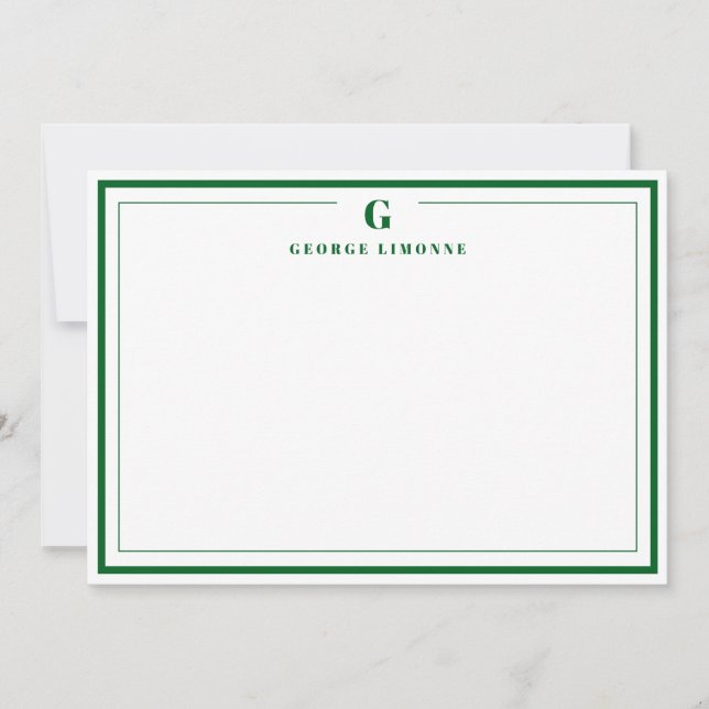 Tarjeta Pequeña Custom Monogram Forest Green Border Stationery  (Anverso)