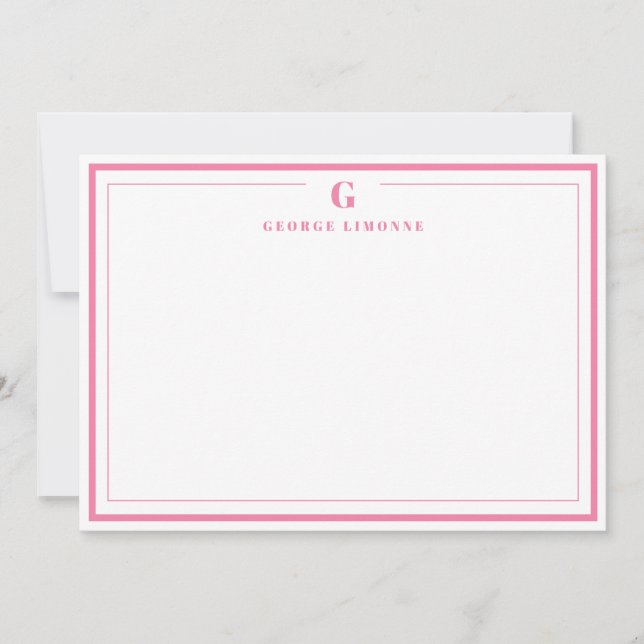 Tarjeta Pequeña Custom Monogram Pink Border Stationery  (Anverso)