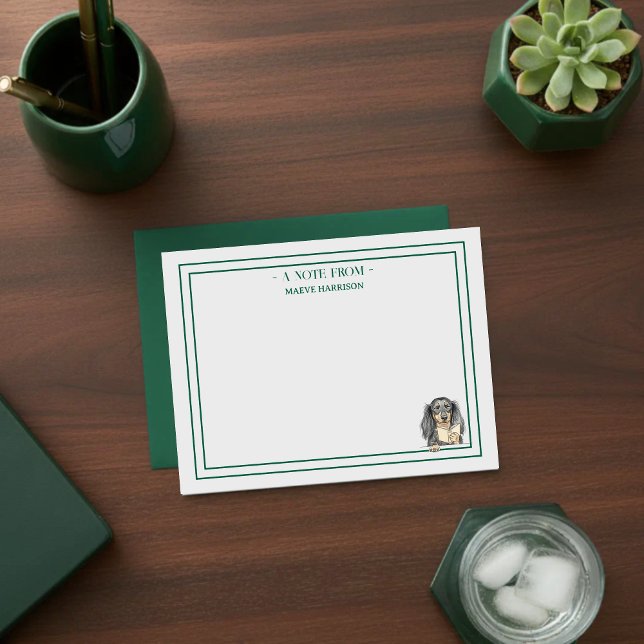 Tarjeta Pequeña Custom Name Hand Drawn Dachshund Reading (Gift custom stationery to the dog lover in your life! )
