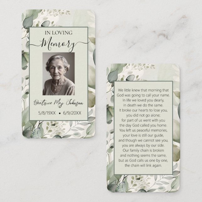 Tarjeta Pequeña Customizable Botanical Memorial Prayer Card  (Anverso / Reverso)