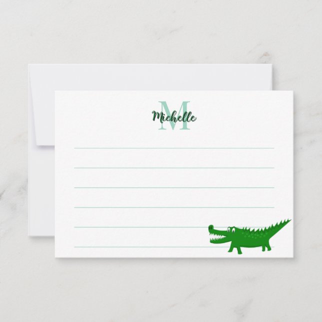Tarjeta Pequeña  Cute Alligator Drawing Lined Monogram Custom (Anverso)