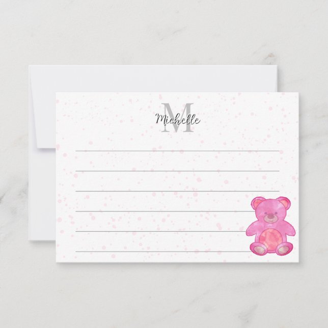 Tarjeta Pequeña Cute Baby Bear In Pink Custom Lined Monogram  (Anverso)