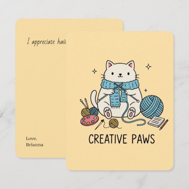 Tarjeta Pequeña Cute Beige Cat Knitter Yellow Vibes Hobby Supplies (Anverso / Reverso)