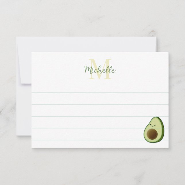 Tarjeta Pequeña Cute Cartoon Avocado Custom Monogram Lined (Anverso)