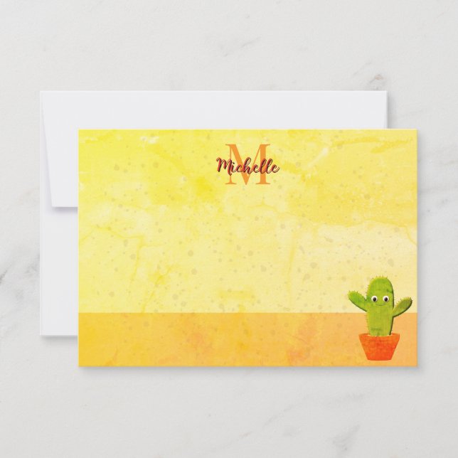Tarjeta Pequeña Cute Cartoon Cactus Painting Custom Monogram (Anverso)