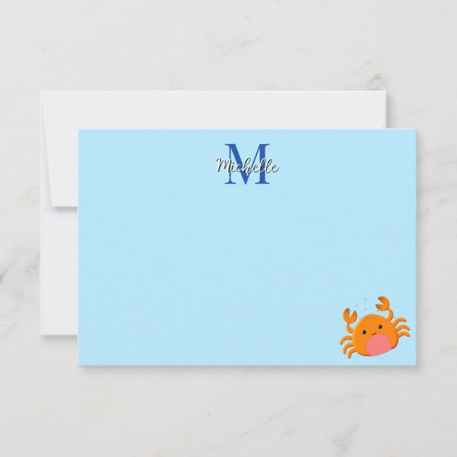 Tarjeta Pequeña Cute Cartoon Crab Blue Ocean Lined Custom (Anverso)