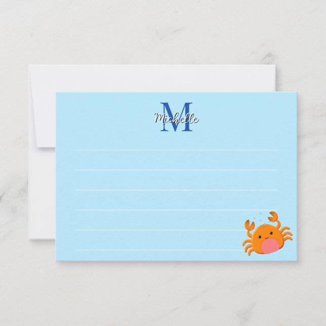 Tarjeta Pequeña Cute Cartoon Crab Blue Ocean Lined Monogram (Anverso)
