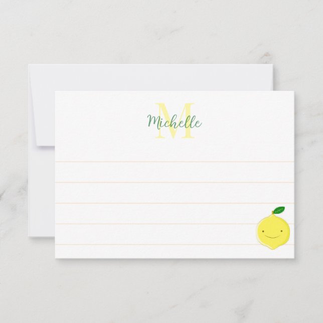 Tarjeta Pequeña Cute Cartoon Lemon Custom Lined Monogram (Anverso)