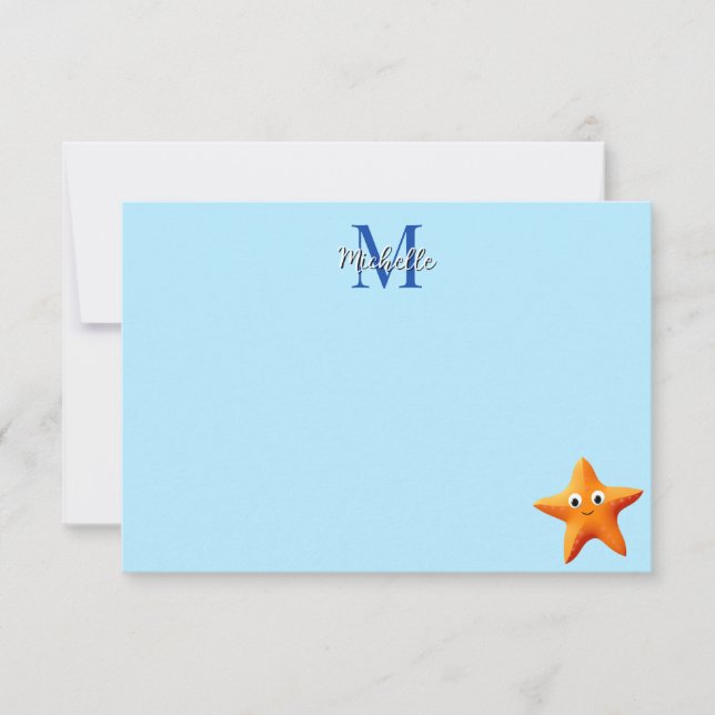 Tarjeta Pequeña Cute Cartoon Starfish Blue Ocean Custom Monogram (Anverso)