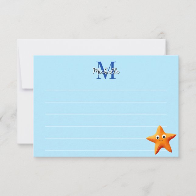 Tarjeta Pequeña Cute Cartoon Starfish Blue Ocean Lined Monogram (Anverso)