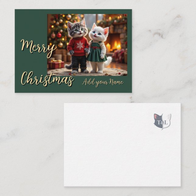 Tarjeta Pequeña Cute Christmas Card – Tom & Luna Fireplace Scene (Anverso / Reverso)