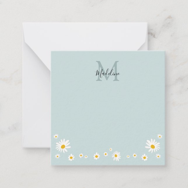 Tarjeta Pequeña Cute Daisy Flower Modern Teal Monogram Square (Anverso)