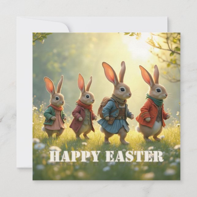Tarjeta Pequeña Cute Easter Bunnies Walking in Spring Meadow (Anverso)