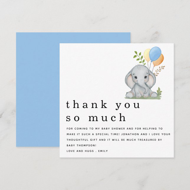 Tarjeta Pequeña Cute Elephant Boy Baby Shower Blue Gracias (Anverso / Reverso)