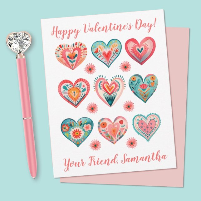 Tarjeta Pequeña Cute Girl Watercolor Valentine Hearts (A cute kids classroom valentines day card. Personalize it with your childs name.)