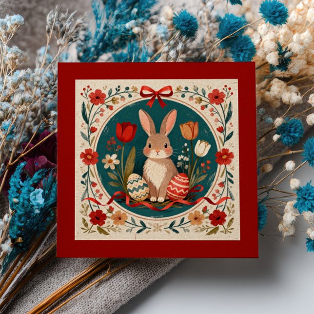 Tarjeta Pequeña Cute Hare with Eggs and Flowers Botanical Easter  (Subido por el creador)