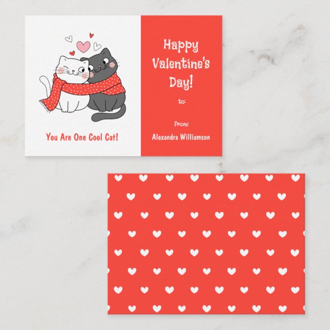 Tarjeta Pequeña Cute Kids Guay Cat Día de San Valentín Red (Anverso / Reverso)