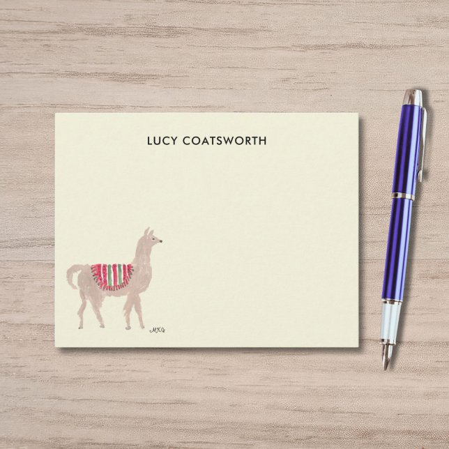 Tarjeta Pequeña Cute Llama Boho Hand-Painted Personalized Cream (This notecard shows a cute llama wearing a red blanket -- my own original watercolor art.)