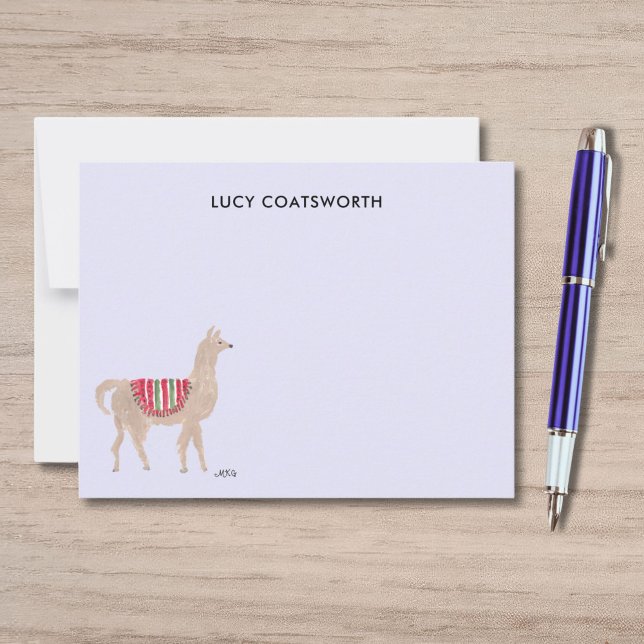 Tarjeta Pequeña Cute Llama Boho Hand-Painted Personalized Farm (These lavender llama thank you notes feature my own artwork of a cute llama wearing a red blanket.)