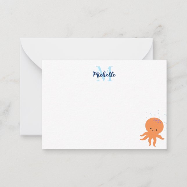 Tarjeta Pequeña Cute Octopus Cartoon Custom Monogram (Anverso)