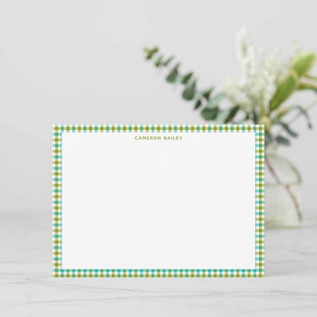 Tarjeta Pequeña Cute Olive Green Teal Gingham Plaid Personalized (Anverso de pie)
