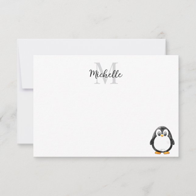 Tarjeta Pequeña Cute Penguin Cartoon Custom Monogram (Anverso)
