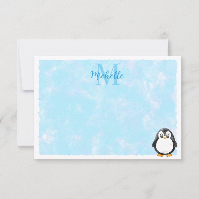 Tarjeta Pequeña Cute Penguin Cartoon Custom Monogram Pastel Blue (Anverso)