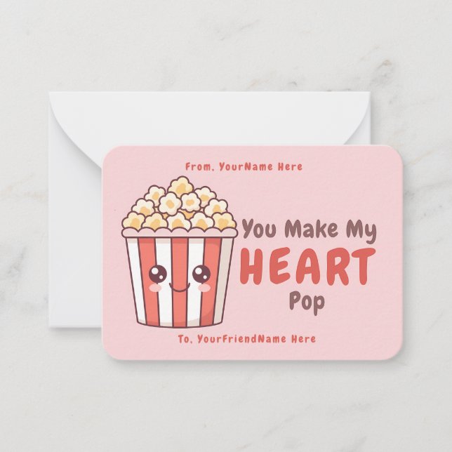Tarjeta Pequeña Cute Popcorn Valentine Classroom Note Card (Anverso)