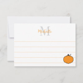 Tarjeta Pequeña Cute Pumpkin Drawing Custom Monogram Lined