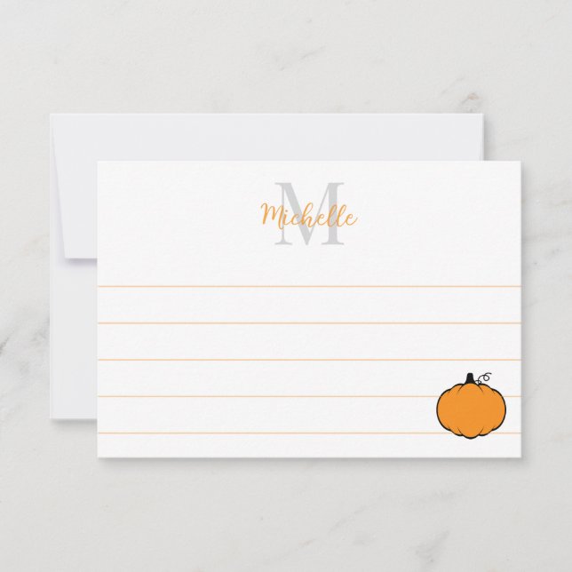 Tarjeta Pequeña Cute Pumpkin Drawing Custom Monogram Lined (Anverso)