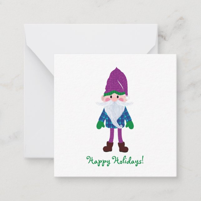 Tarjeta Pequeña Cute Purple Gnome Felices Fiestas Mini Navidades (Anverso)